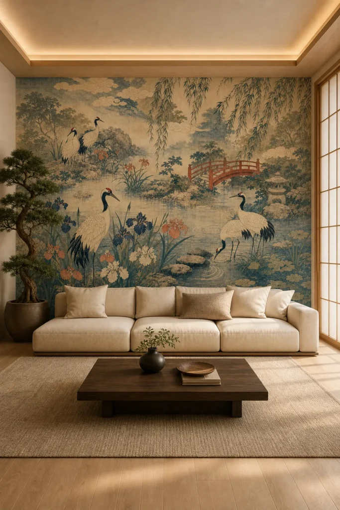 A Modern Zen living room featuring a crane garden mural as a focal point on the back wall.