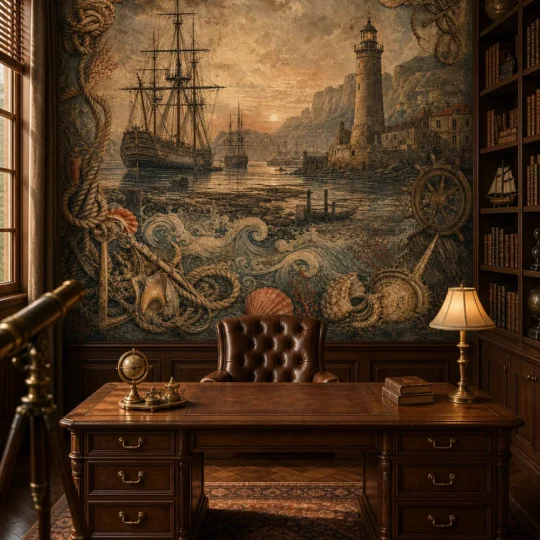 A classic maritime study featuring a vintage nautical harbor mural behind an executive desk at golden hour.