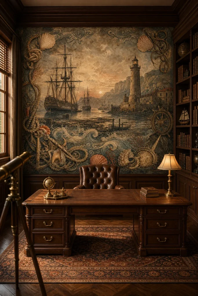 A classic maritime study featuring a vintage nautical harbor mural behind an executive desk at golden hour.