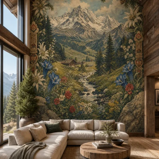 A modern alpine chalet living room featuring a vaulted ceiling with an alpine wildflower panorama mural applied to the back wall.