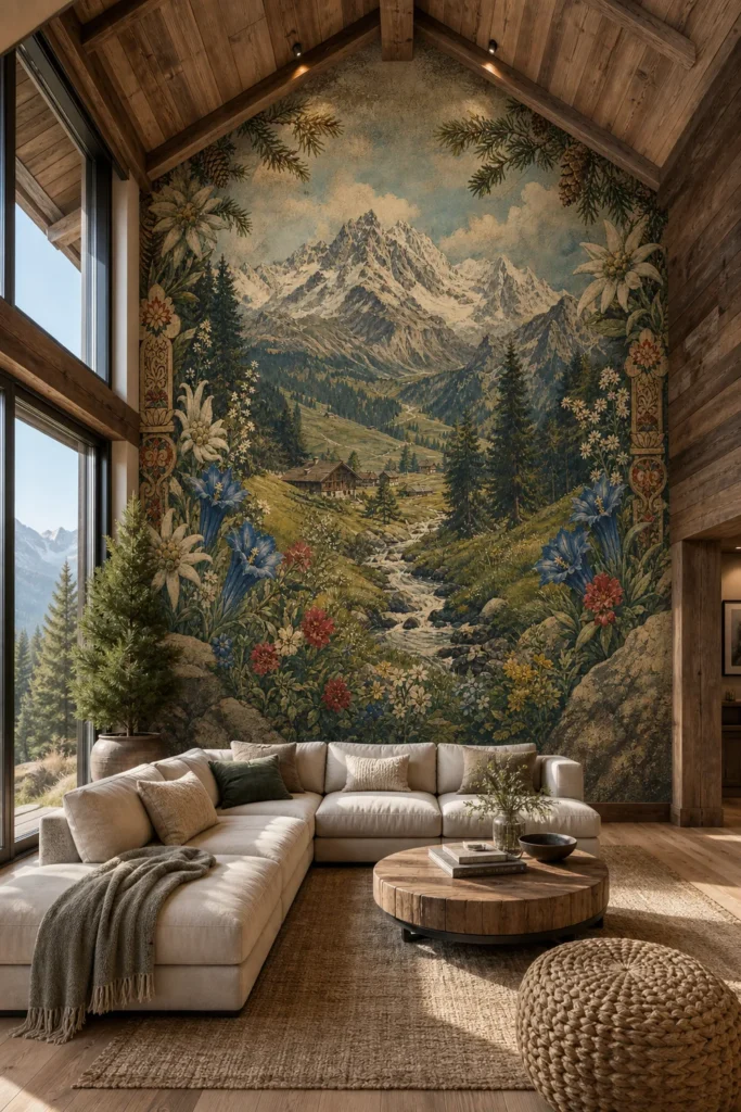 A modern alpine chalet living room featuring a vaulted ceiling with an alpine wildflower panorama mural applied to the back wall.