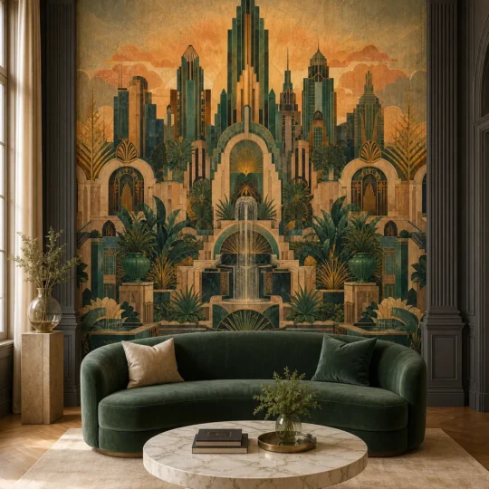 A luxurious Parisian salon featuring a grand art deco city garden mural on the main wall behind a curved velvet sofa.
