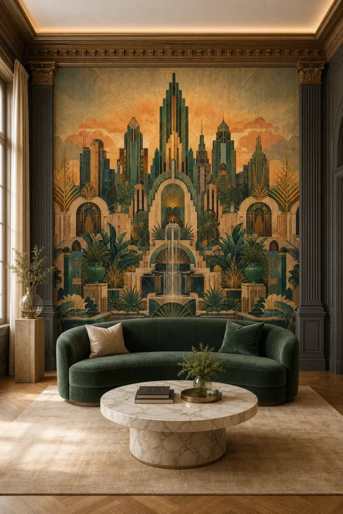 A luxurious Parisian salon featuring a grand art deco city garden mural on the main wall behind a curved velvet sofa.