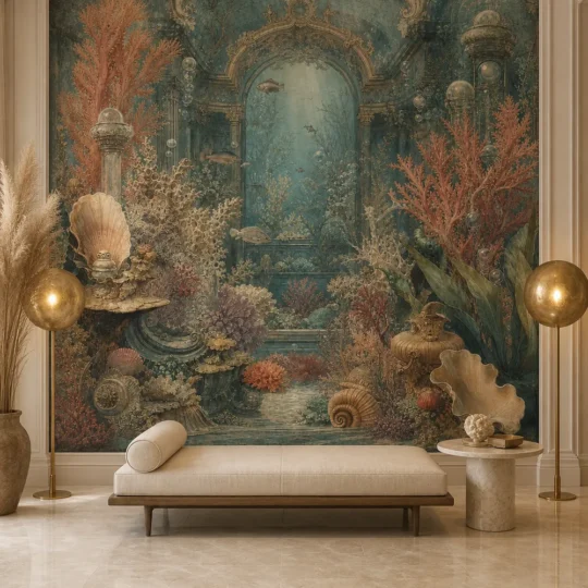 A neoclassical living room featuring a large victorian coral aquarium mural of underwater ruins and seashells.