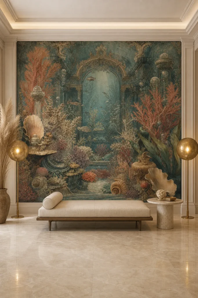 A neoclassical living room featuring a large victorian coral aquarium mural of underwater ruins and seashells.