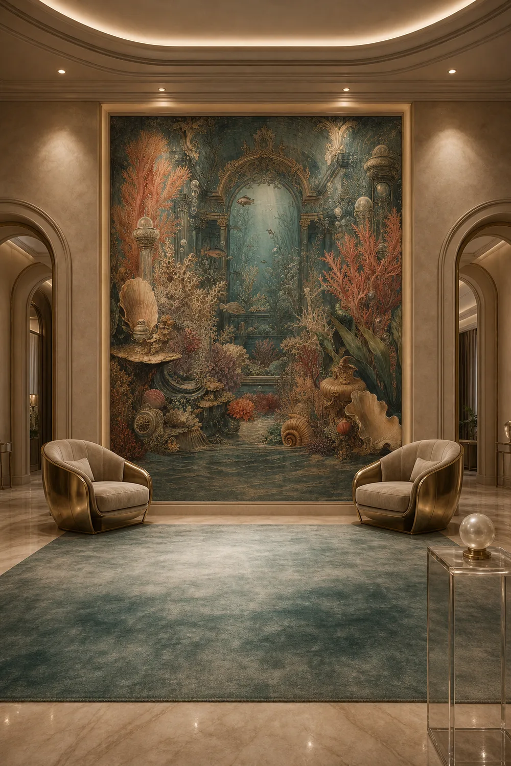 An opulent minimalist salon featuring a victorian coral aquarium mural on a recessed architectural panel wall between brass armchairs.