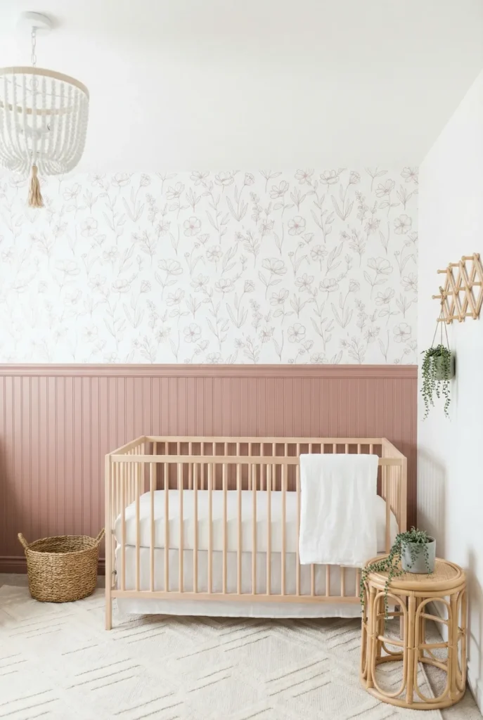 A modern Boho nursery featuring a minimalist botanical Floral Wallpaper above dusty rose wainscoting, with a baby crib and rattan furniture.