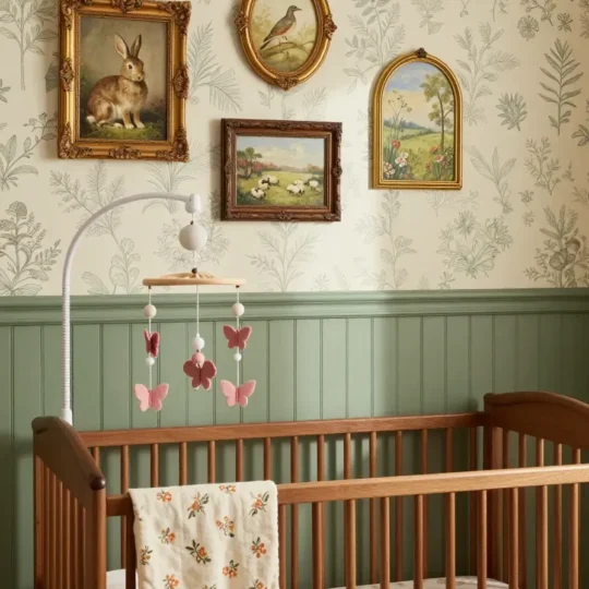 A vintage cottagecore nursery featuring Vintage Woodland Wallpaper above sage green beadboard wainscoting behind a classic baby crib.