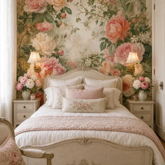 A French Provencal bedroom featuring a romantic english garden floral mural on the main headboard wall.