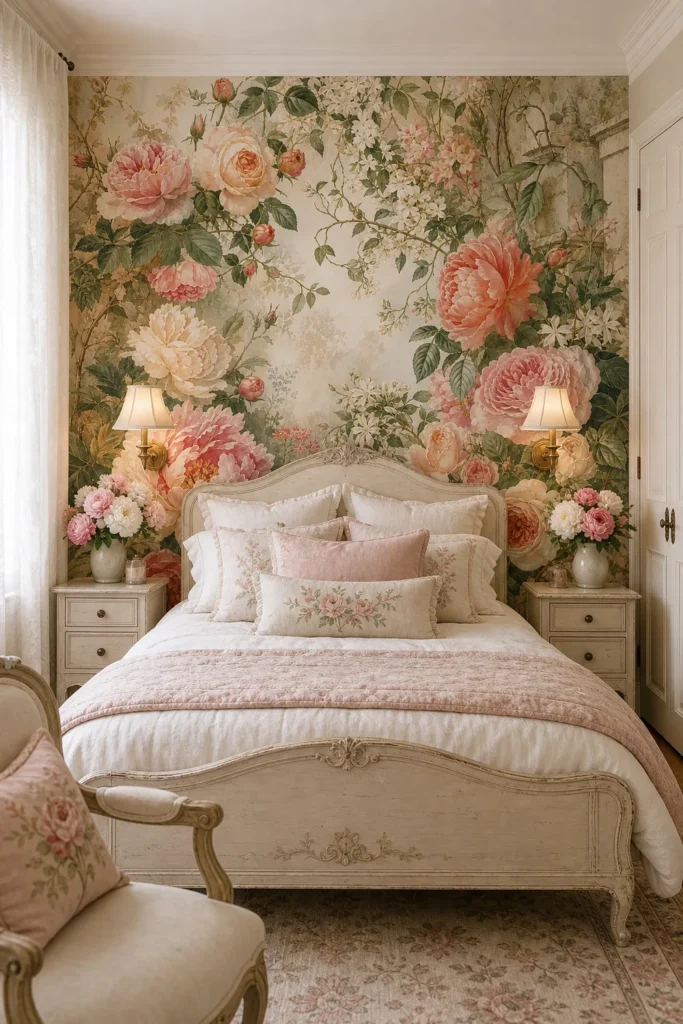 A French Provencal bedroom featuring a romantic english garden floral mural on the main headboard wall.