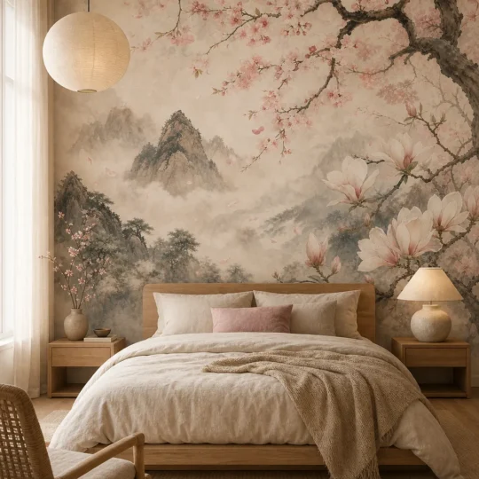 A serene Japandi bedroom featuring a tranquil cherry blossom floral mural on the main accent wall behind a low-profile platform bed.
