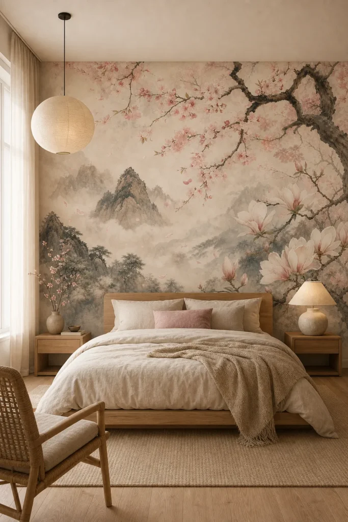 A serene Japandi bedroom featuring a tranquil cherry blossom floral mural on the main accent wall behind a low-profile platform bed.