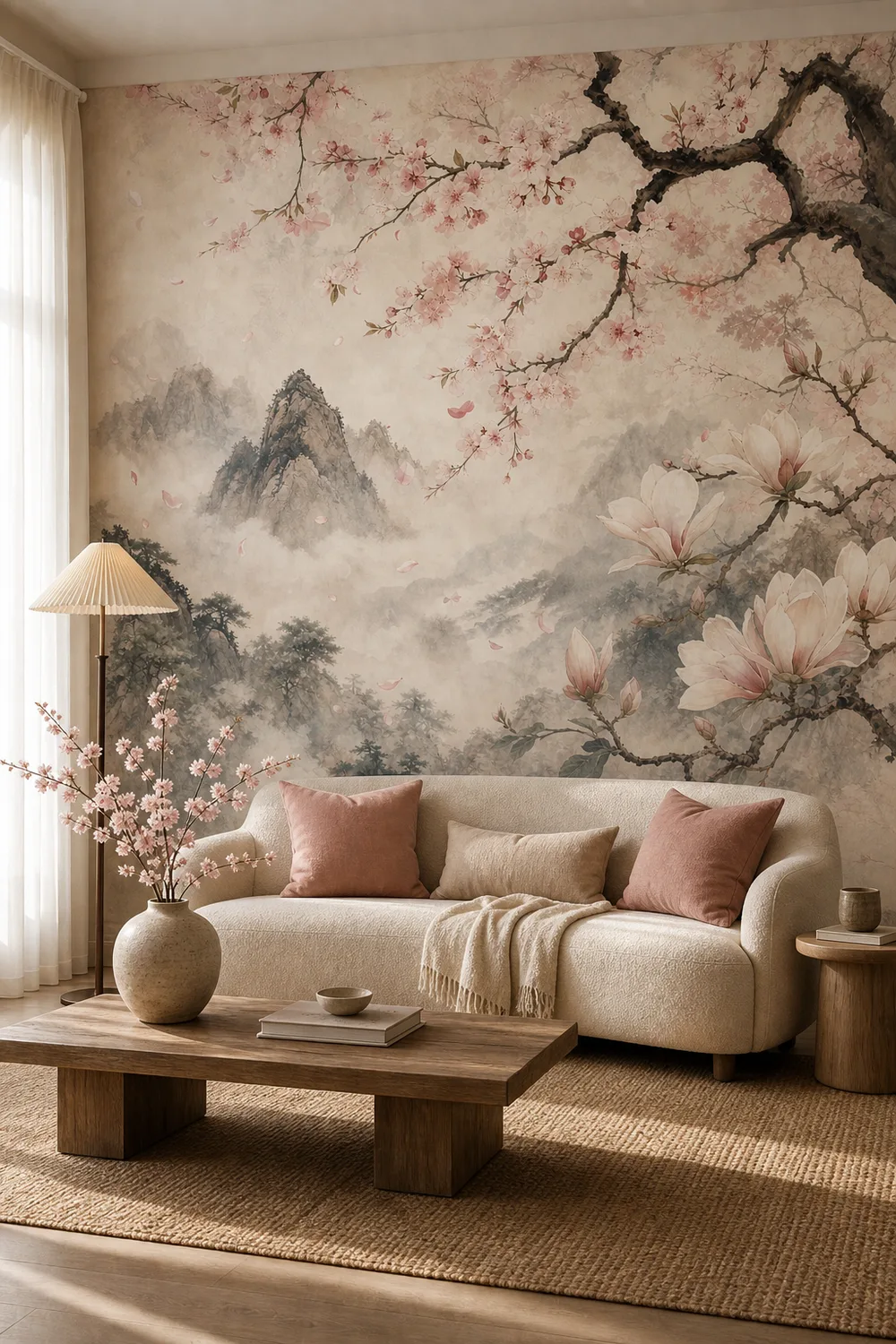 A Japandi living room featuring a tranquil cherry blossom floral mural on the main wall behind a white sofa.