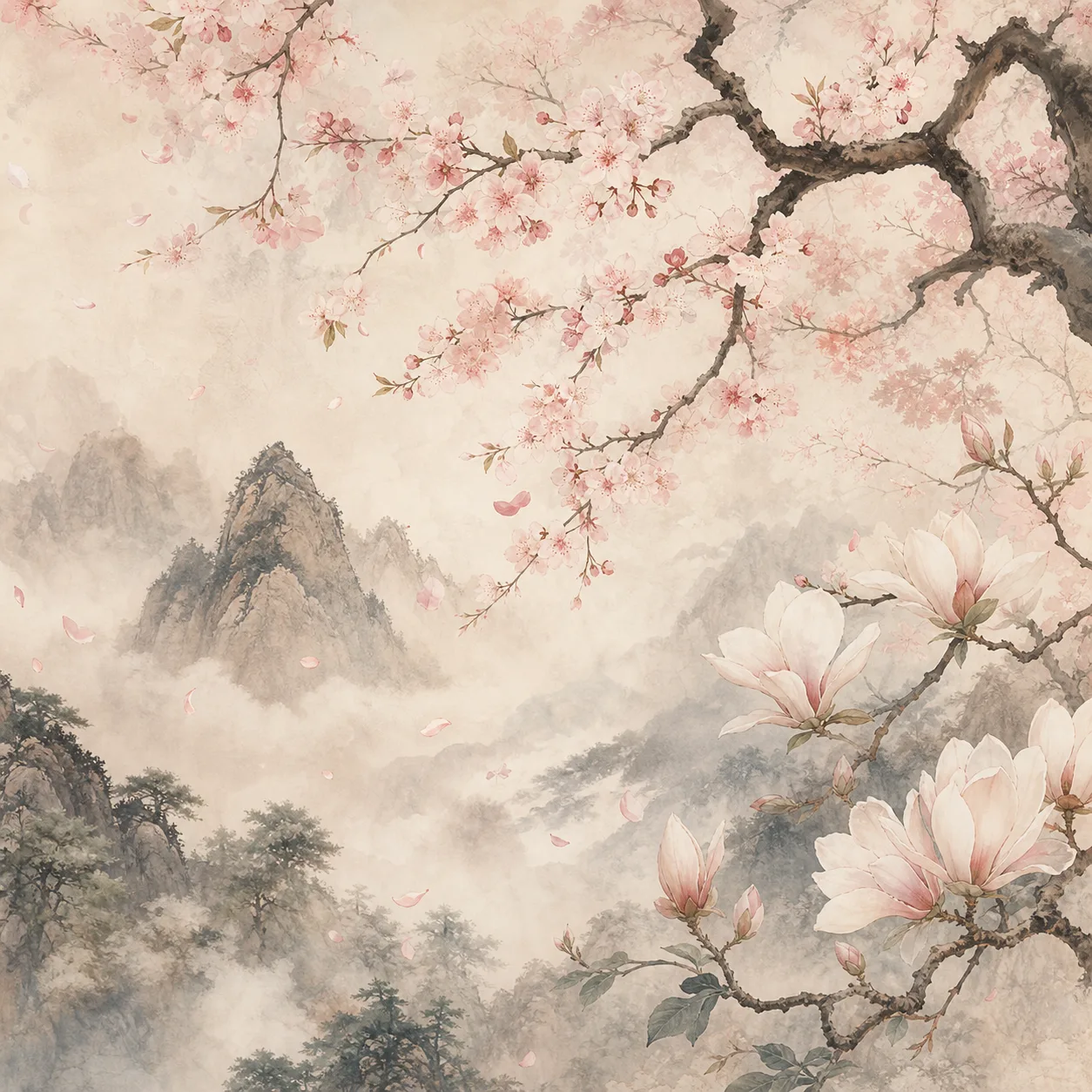 Tranquil Cherry Blossom Floral Mural - East Asian Ink Wash Landscape