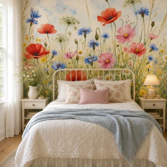 A boutique cottagecore bedroom featuring a breezy wildflower meadow mural on the accent wall behind a white bed.