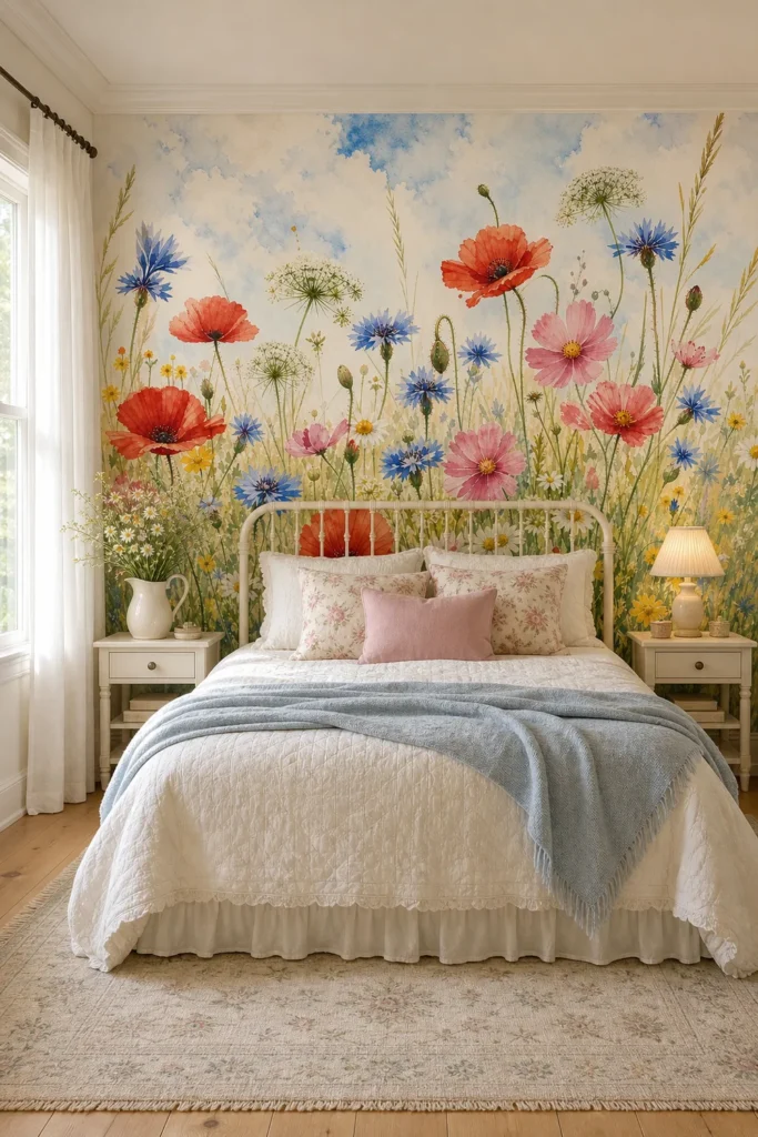A boutique cottagecore bedroom featuring a breezy wildflower meadow mural on the accent wall behind a white bed.