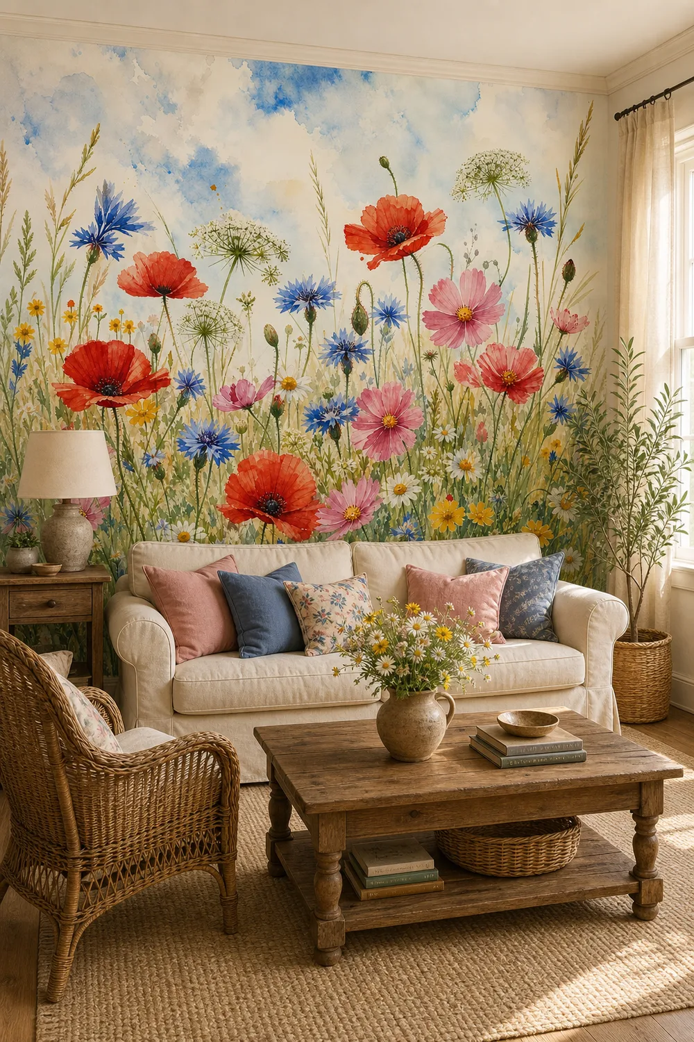 A rustic cottagecore living room featuring a breezy wildflower meadow mural on the focal wall behind a cream sofa.