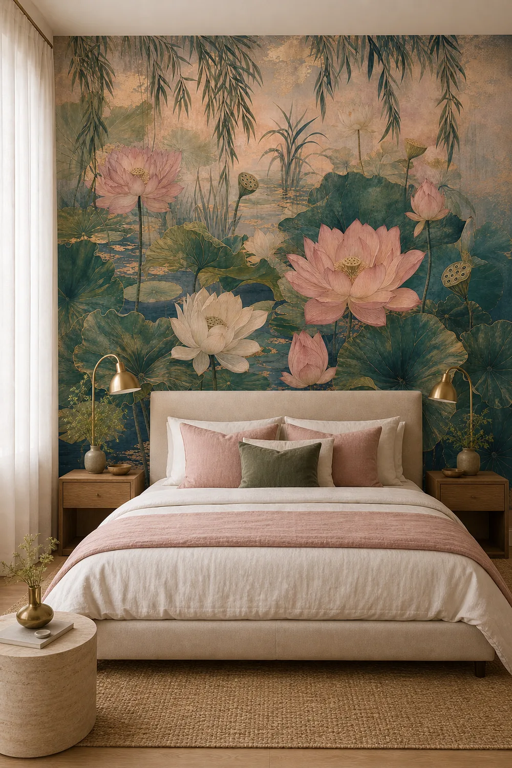 A modern Japandi bedroom featuring a large-scale lotus garden floral mural on the focal wall behind a king-size upholstered bed.