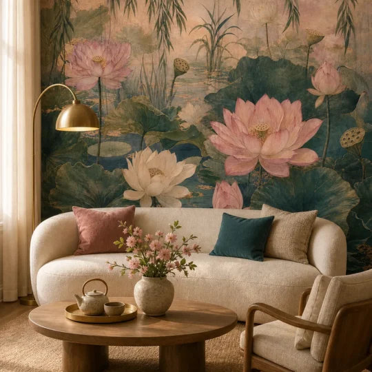 A modern Japandi living room featuring a lotus garden floral mural on the main wall behind a curved beige sofa.
