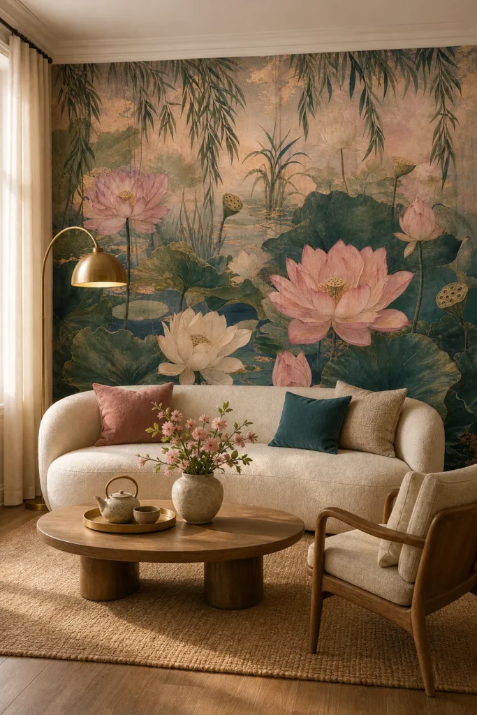 A modern Japandi living room featuring a lotus garden floral mural on the main wall behind a curved beige sofa.