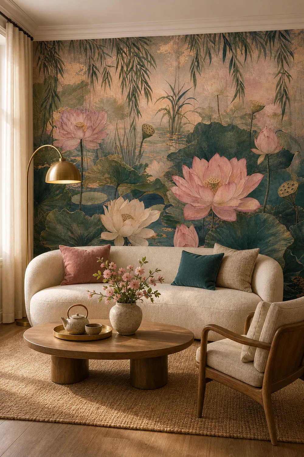 A modern Japandi living room featuring a lotus garden floral mural on the main wall behind a curved beige sofa.