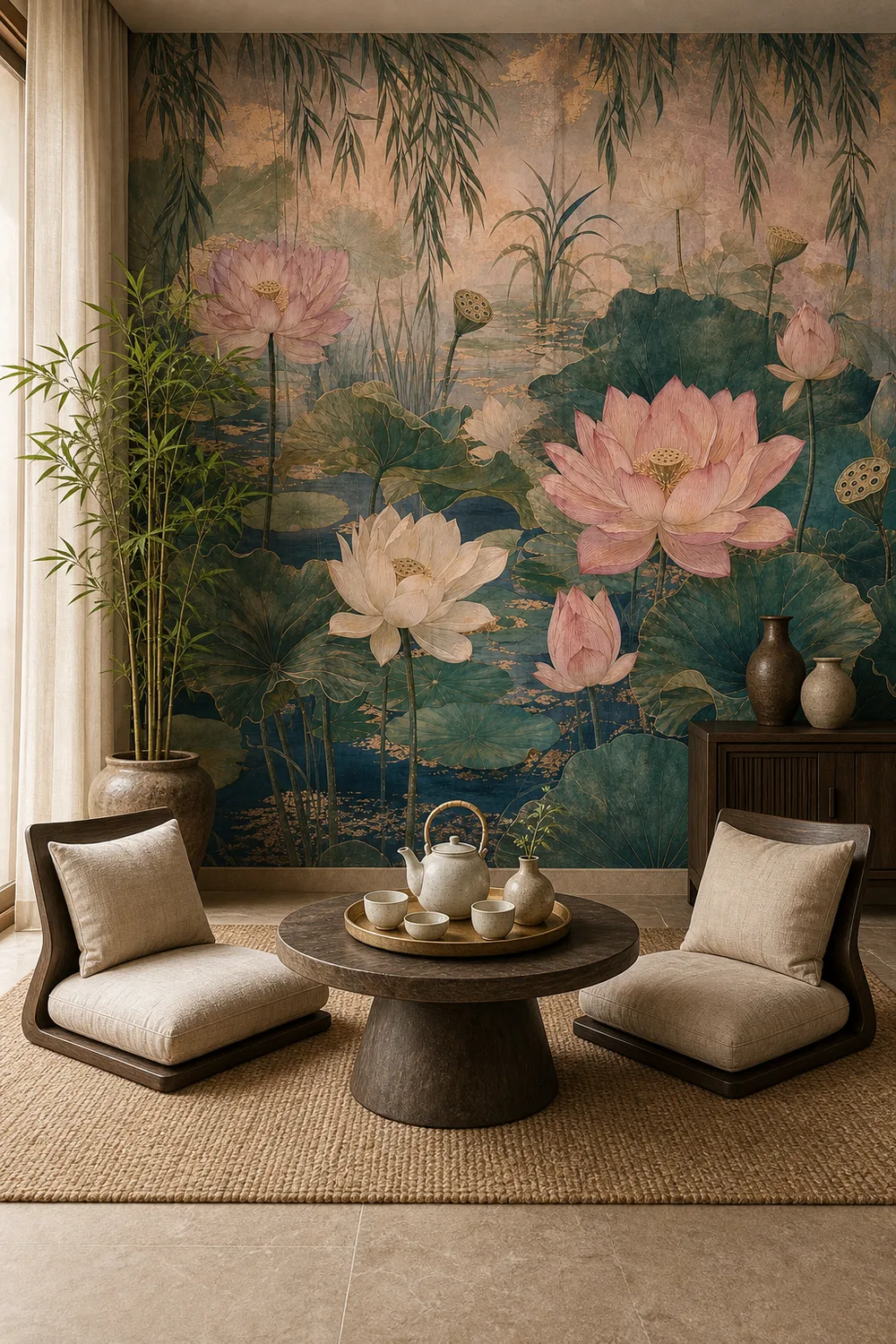 A serene Japandi tea room featuring a lotus garden floral mural on the main wall behind Zaisu chairs and a pedestal table.