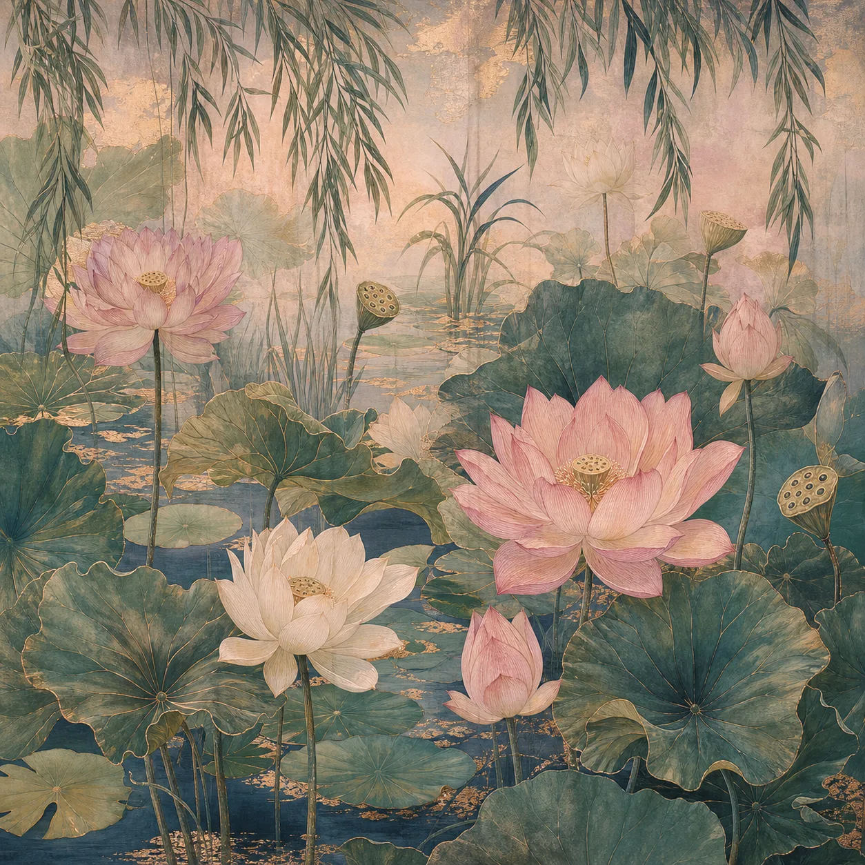 Lotus Garden Floral Mural Wallpaper