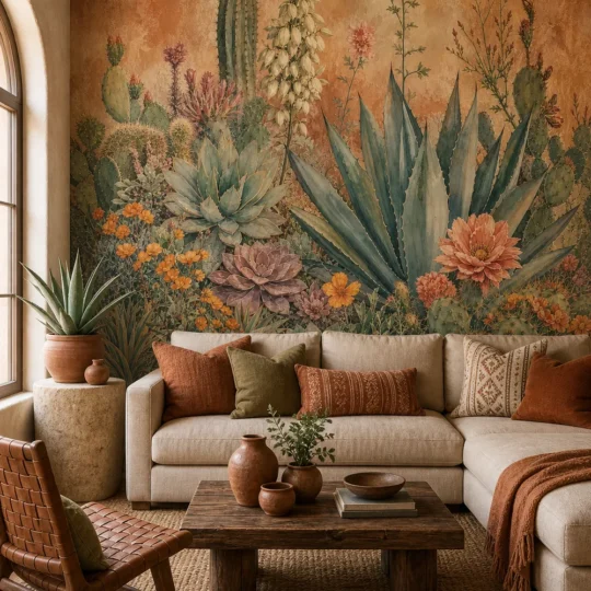 A bohemian living room featuring a desert bloom floral mural on the main focal wall behind a modern sofa.