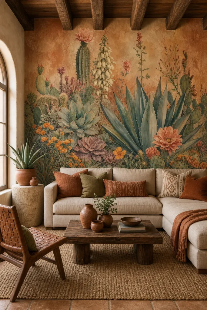 A bohemian living room featuring a desert bloom floral mural on the main focal wall behind a modern sofa.