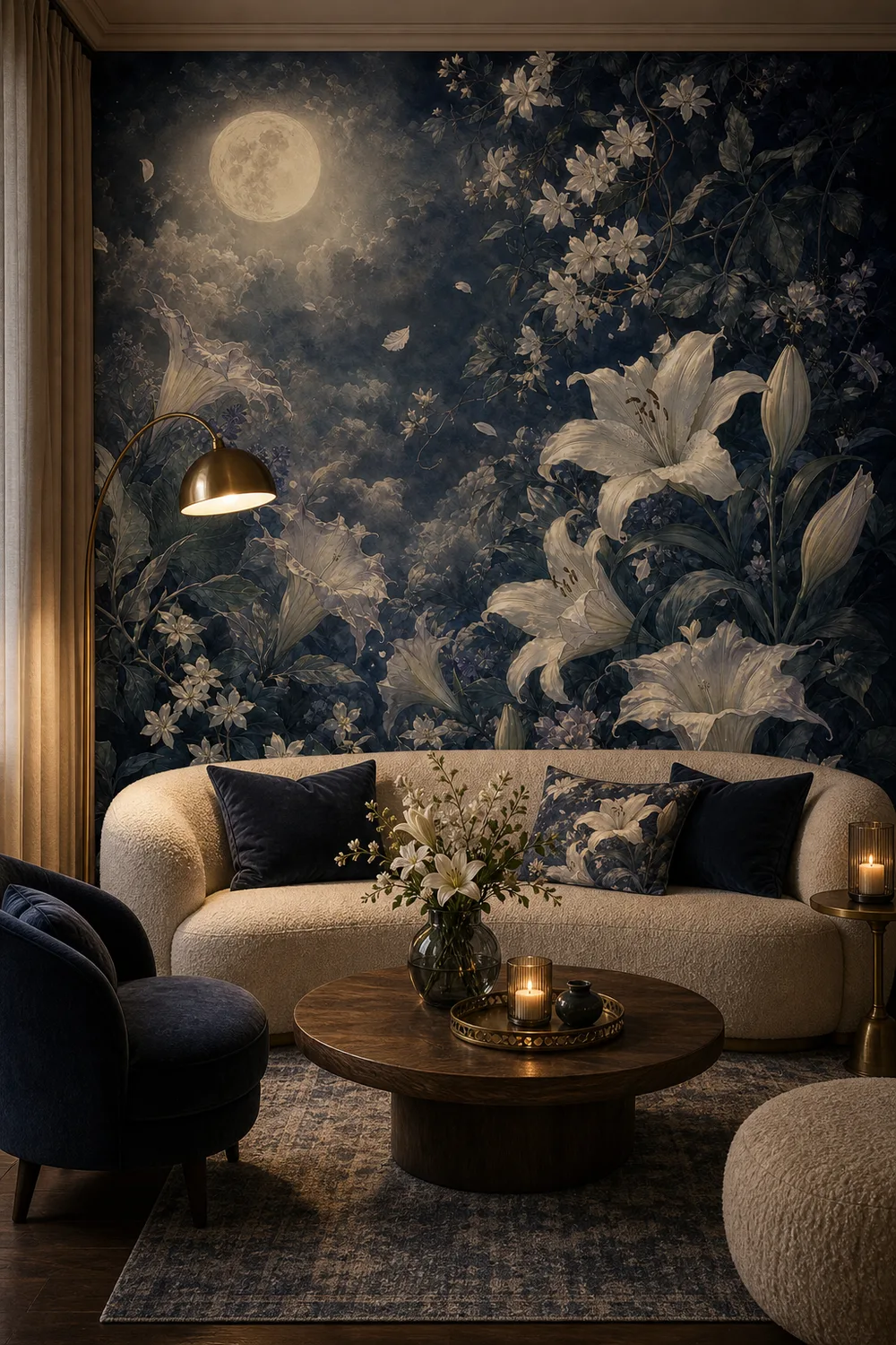 A moody contemporary living room featuring a moonlit night blooming floral mural behind a curved sofa and brass accents.