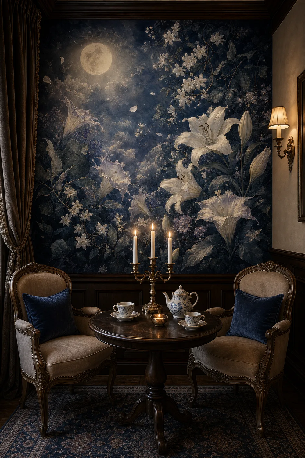 A Dark Academia nook featuring a moonlit night blooming floral mural on the back wall behind a Victorian tea table and armchairs.