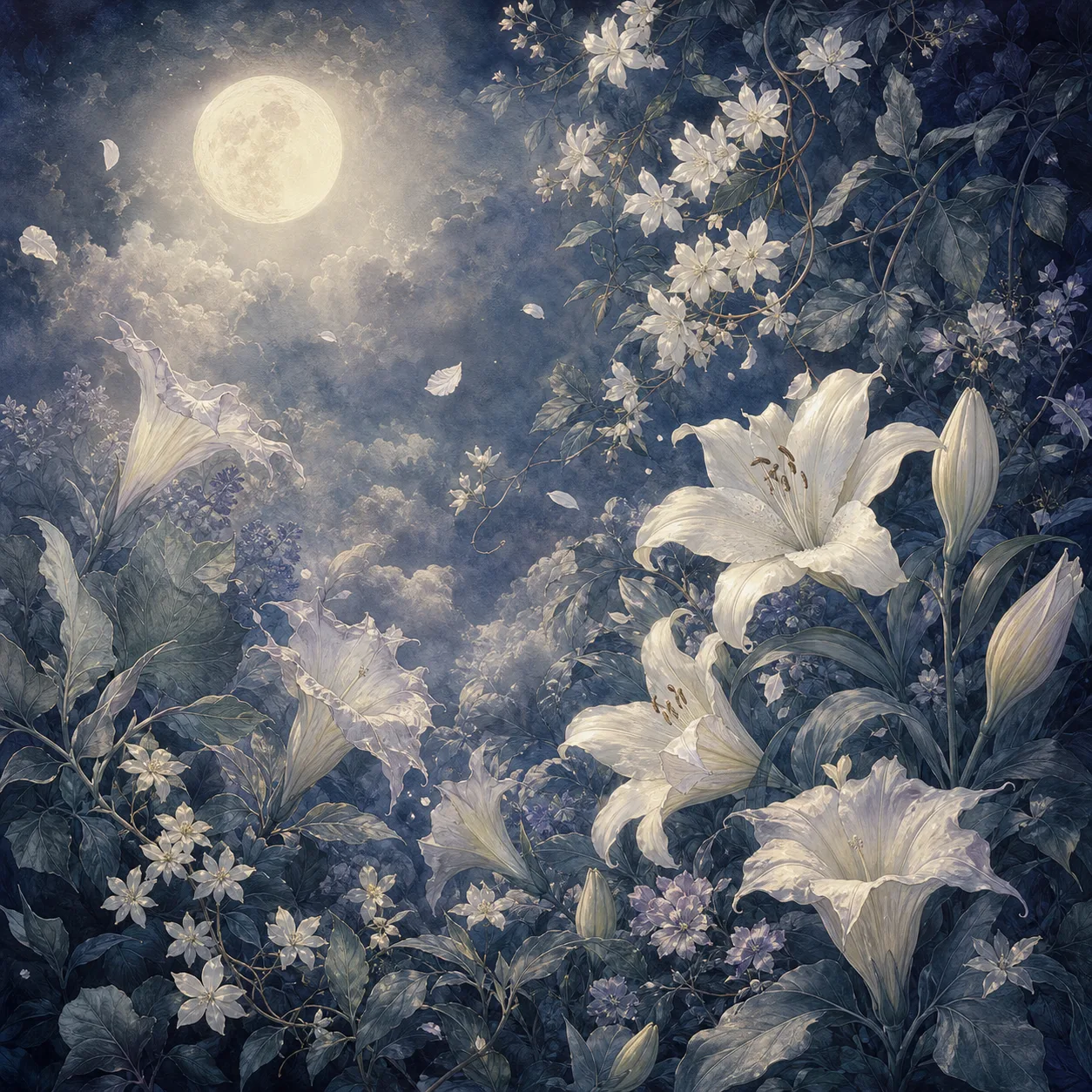 Moonlit Night Blooming Floral Mural