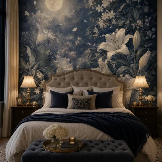 A romantic bedroom with a large moonlit night blooming floral mural behind a luxury bed.