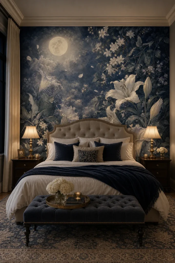 A romantic bedroom with a large moonlit night blooming floral mural behind a luxury bed.