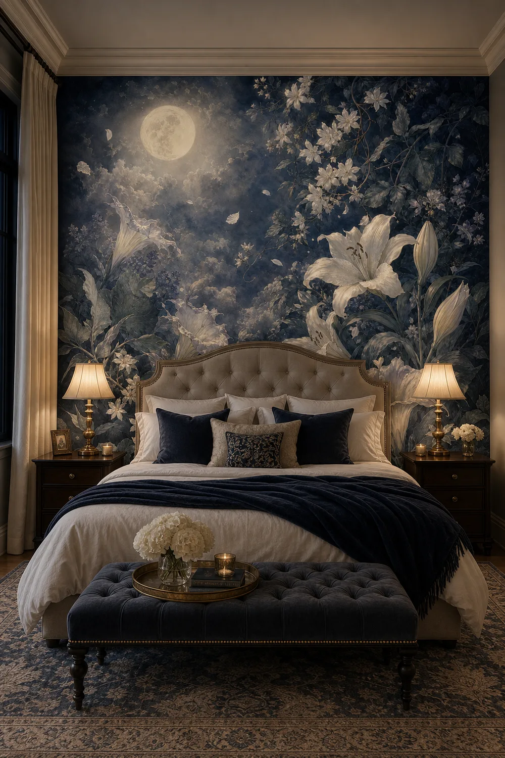 A romantic bedroom with a large moonlit night blooming floral mural behind a luxury bed.