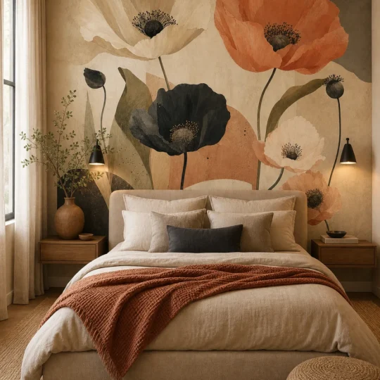 A Japandi-style bedroom featuring a modern minimalist floral mural with large terracotta and ivory poppies behind an upholstered bed.