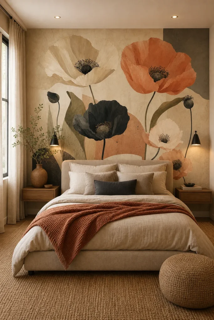 A Japandi-style bedroom featuring a modern minimalist floral mural with large terracotta and ivory poppies behind an upholstered bed.