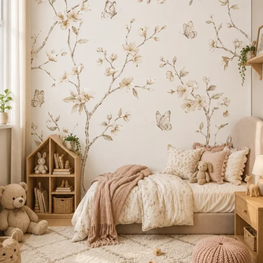 A serene Scandinavian nursery featuring butterfly kids bedroom wallpaper with cream and sepia botanical branches.