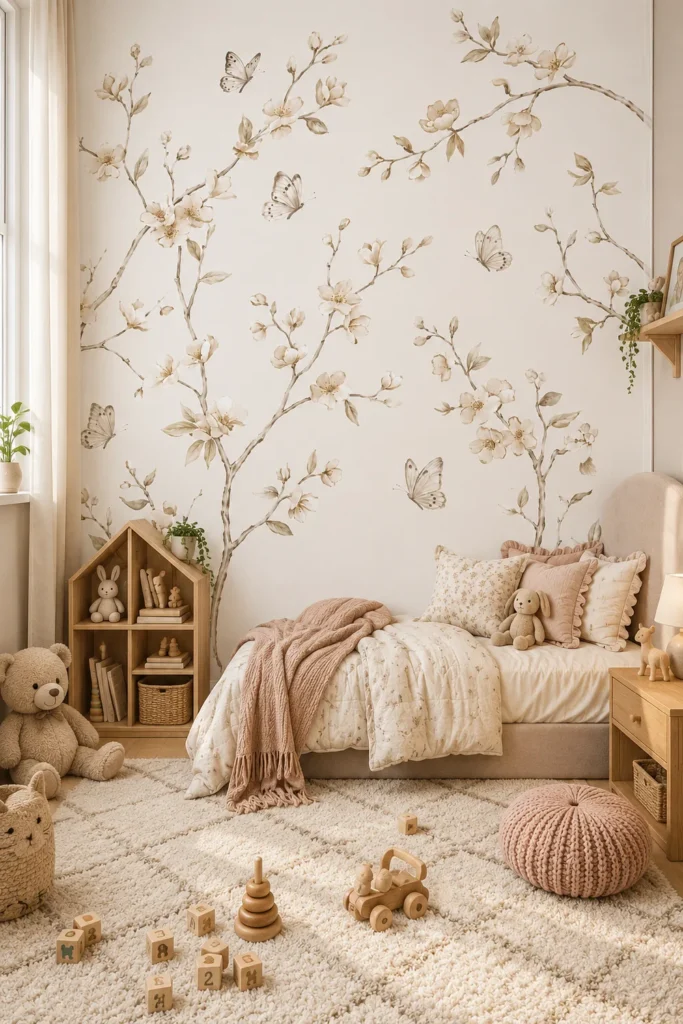 A serene Scandinavian nursery featuring butterfly kids bedroom wallpaper with cream and sepia botanical branches.