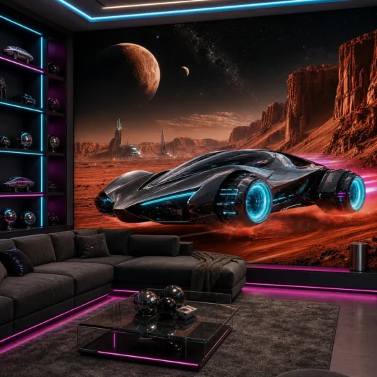 A cyberpunk lounge featuring a futuristic car on mars mural with neon cyan and magenta accents.