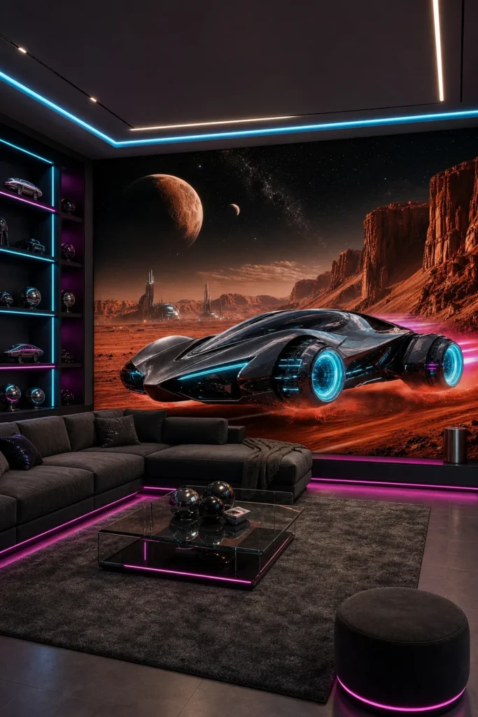 A cyberpunk lounge featuring a futuristic car on mars mural with neon cyan and magenta accents.