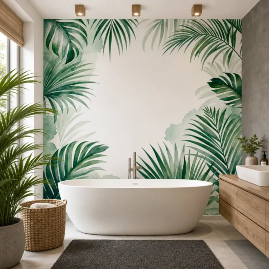 A modern organic spa-like bathroom featuring a tropical palm leaf wallpaper mural behind a white freestanding bathtub.