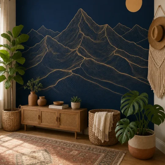 A Bohemian Modern living room featuring a minimalist navy and gold mountain mural on the main wall.