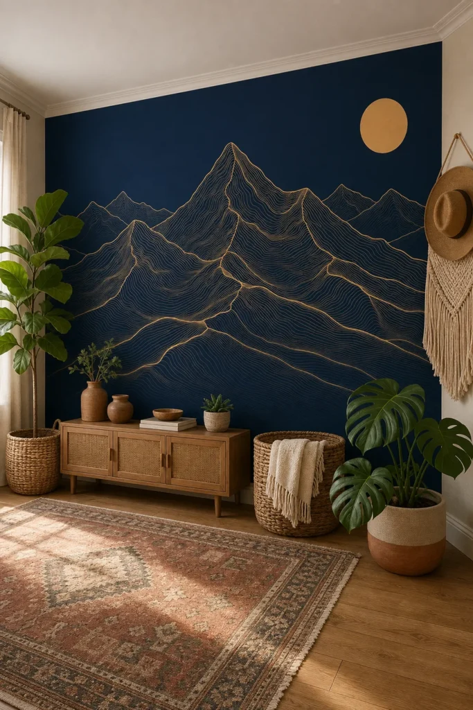 A Bohemian Modern living room featuring a minimalist navy and gold mountain mural on the main wall.