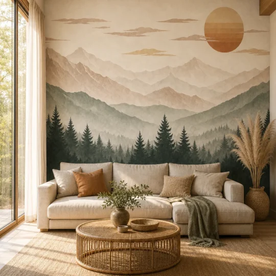 A Scandinavian Boho living room featuring a minimalist watercolor Sun Mural on the primary accent wall behind a low-profile sofa.