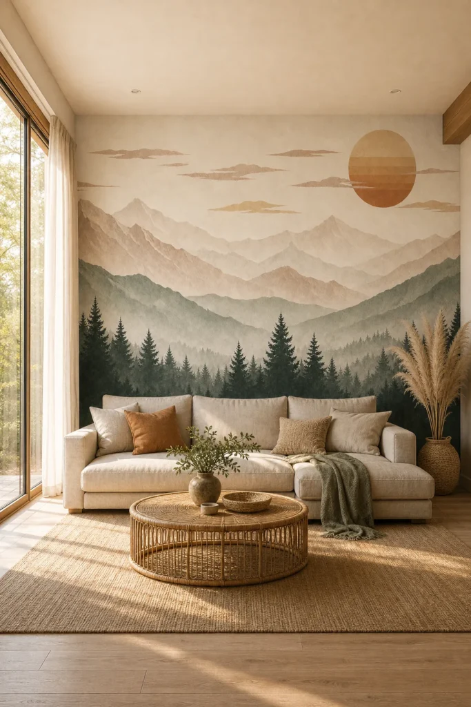 A Scandinavian Boho living room featuring a minimalist watercolor Sun Mural on the primary accent wall behind a low-profile sofa.