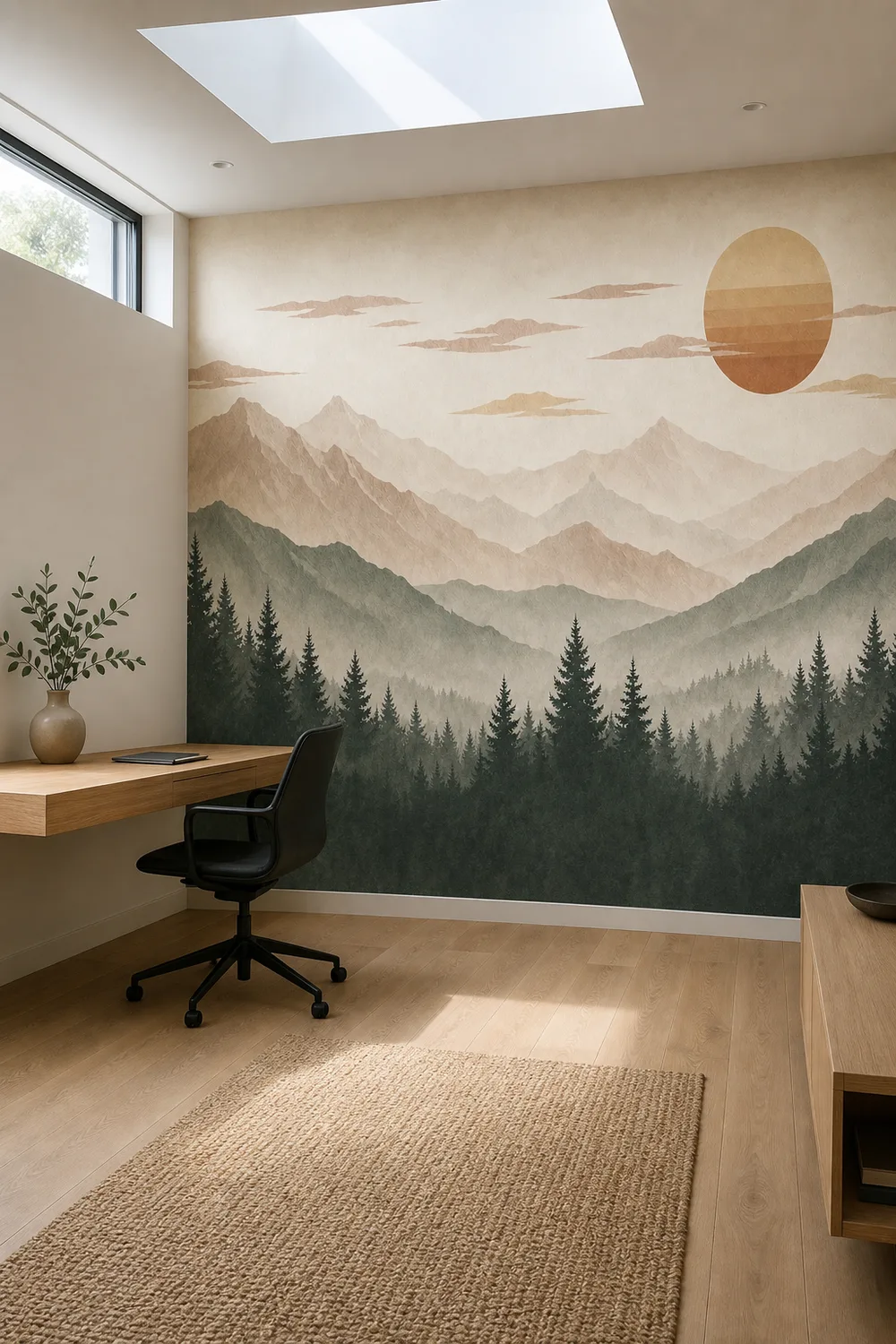 A minimalist zen workspace featuring a boho watercolor Sun Mural on a smooth masonry wall.