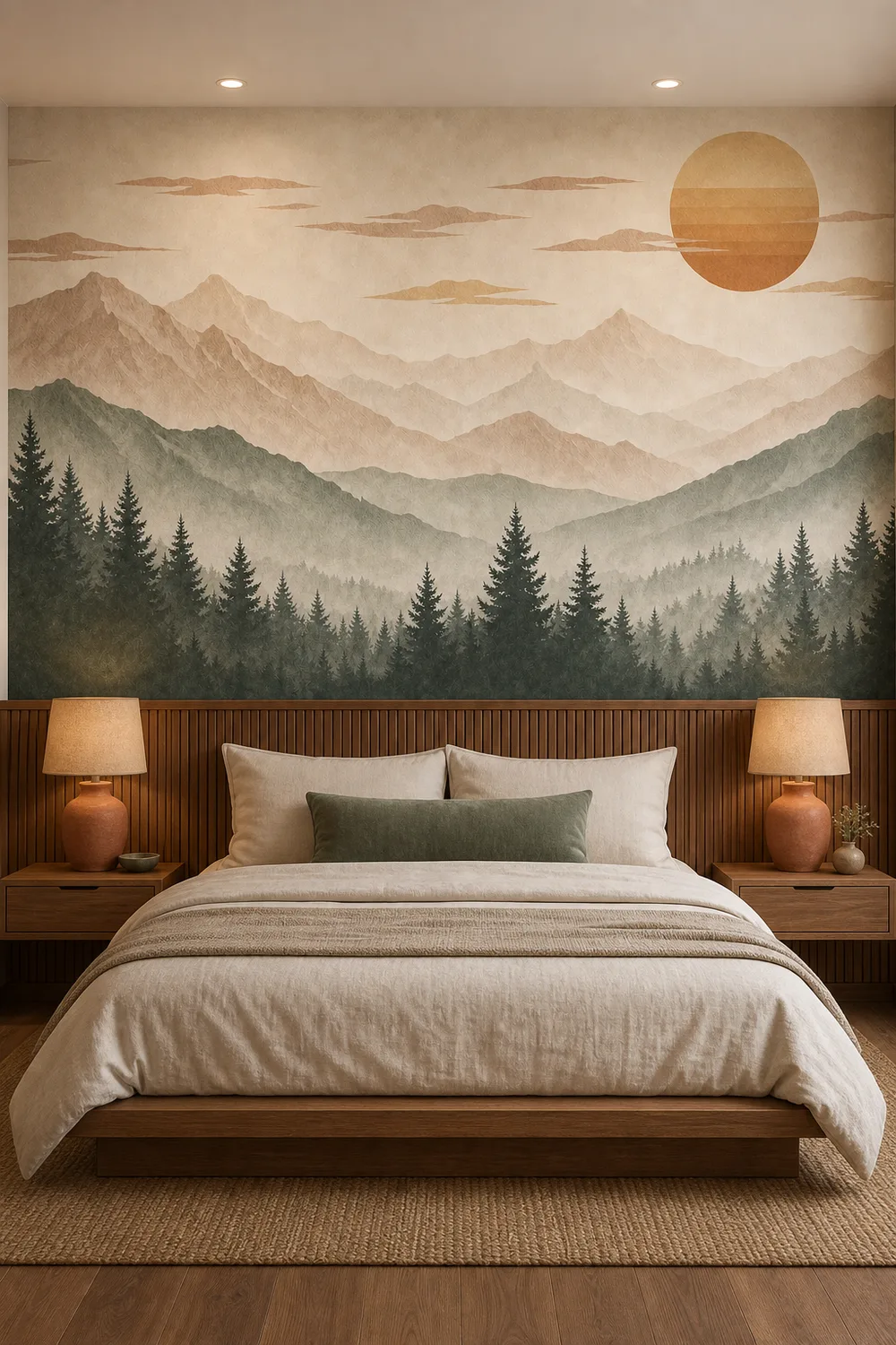 A modern organic bedroom featuring a watercolor mountain Sun Mural above walnut wainscoting.