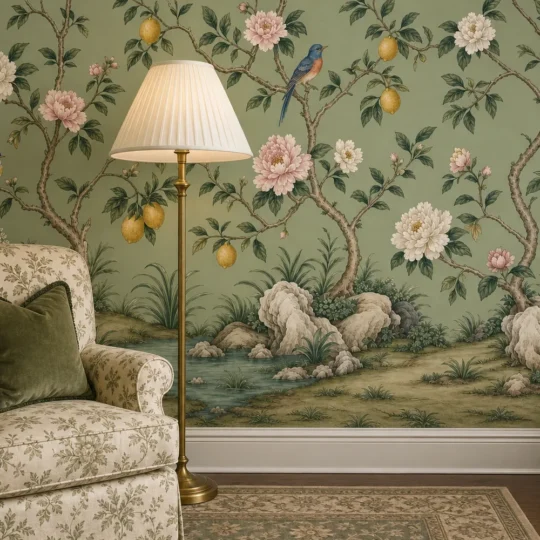A sophisticated reading nook featuring a green chinoiserie wall mural behind a white floor lamp and armchair.