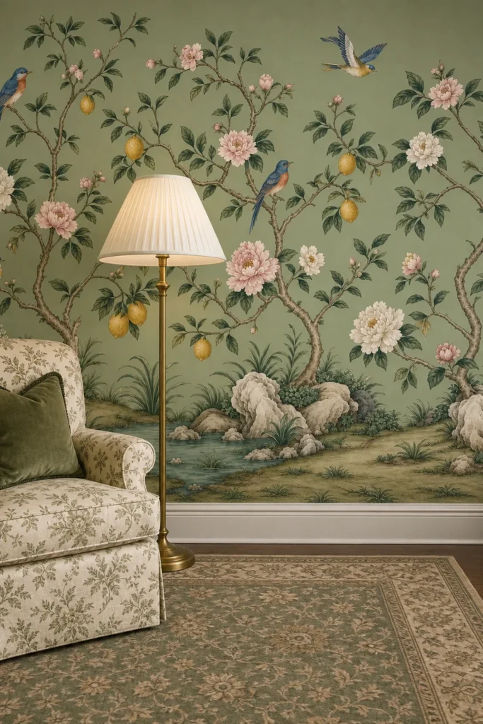 A sophisticated reading nook featuring a green chinoiserie wall mural behind a white floor lamp and armchair.